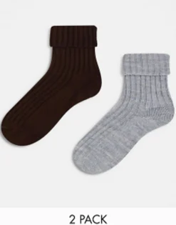 Socks & Tights*DESIGN 2 Pack Wool Mix Lounge And Boot Socks In Brown And Charcoal Multi