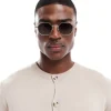 Sunglasses*DESIGN Angled Round Metal Sunglasses With Smoke Gradient Lens In Gold