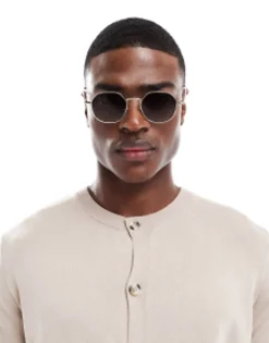 Sunglasses*DESIGN Angled Round Metal Sunglasses With Smoke Gradient Lens In Gold