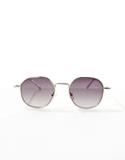 Sunglasses*DESIGN Angled Round Metal Sunglasses With Smoke Gradient Lens In Gold