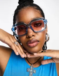 Sunglasses*DESIGN Chunky Mid Square In Crystal Blue With Light Pink Lens Mid Blue
