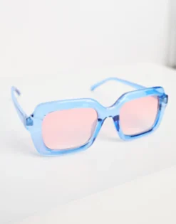 Sunglasses*DESIGN Chunky Mid Square In Crystal Blue With Light Pink Lens Mid Blue