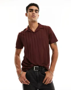Polo Shirts*DESIGN Co-Ord Revere Polo Shirt In Shiny Rib Brown