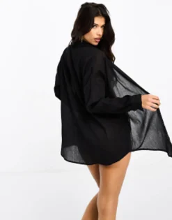 Swimwear & Beachwear*DESIGN Crinkle Beach Shirt In Black
