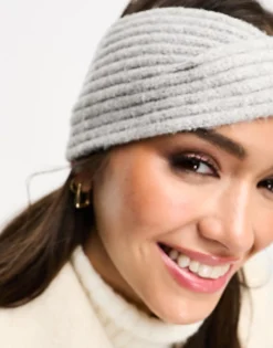 Beanies*DESIGN Cross Over Knit Headband In Grey Marl Light Grey