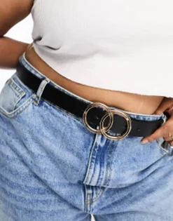 Belts*Curve Design Bevelled Double Circle Waist And Hip Belt In Gold Metal Work - Gold Black