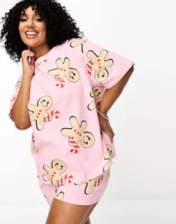 Gifts*DESIGN Curve Christmas Gingerbread Oversized Tee & Short Pyjama Set In Pink