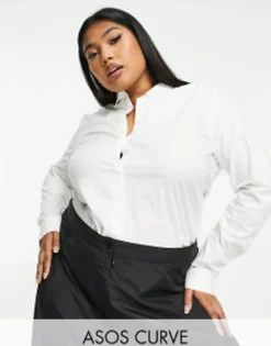 Shirts*Curve Design Long Sleeve Fitted Shirt In Stretch Cotton In White