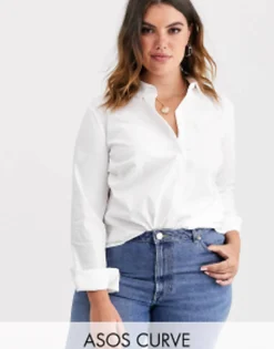 Shirts*Curve Design Long Sleeve Fitted Shirt In Stretch Cotton In White