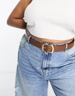Belts*Curve Design Wavy Buckle Waist And Hip Jeans Belt In Tan