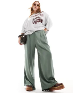 Trousers & Leggings*DESIGN Curve Wide Leg Trouser In Dark Green