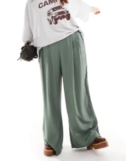 Trousers & Leggings*DESIGN Curve Wide Leg Trouser In Dark Green