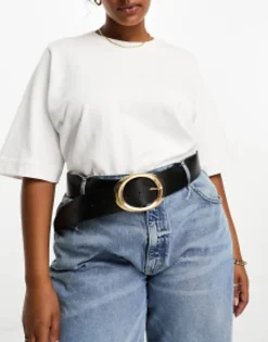 Belts*Curve Design Wide Waist Belt With Oval Gold Buckle Black