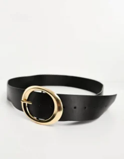 Belts*Curve Design Wide Waist Belt With Oval Gold Buckle Black