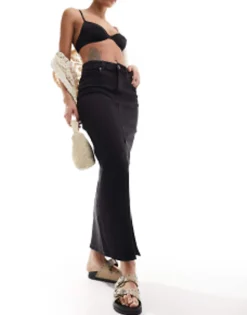 Skirts*DESIGN Denim Maxi Skirt With Split Hem In Washed Black