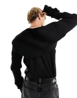 Scarves*DESIGN Extra Long Sleeve Bolero In Chunky Knit Black