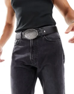 Belts*DESIGN Faux Leather Belt With Western Statement Buckle In Black