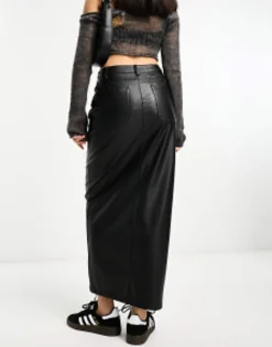 Skirts*DESIGN Faux Leather Maxi Skirt With Front Split In Black