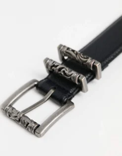 Belts*DESIGN Faux Leather Pebbled Belt With Engraved Burnished Buckles In Black