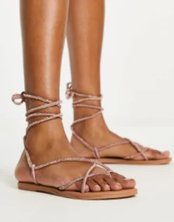 Flat Sandals*DESIGN Faye Leather Embellished Flat Sandals In Rose Gold