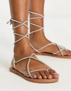 Flat Sandals*DESIGN Faye Leather Embellished Flat Sandals In Silver