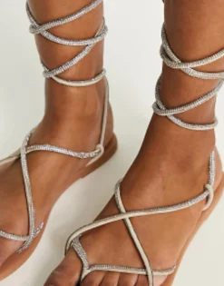 Flat Sandals*DESIGN Faye Leather Embellished Flat Sandals In Silver