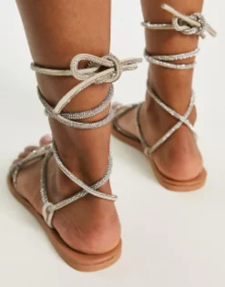 Flat Sandals*DESIGN Faye Leather Embellished Flat Sandals In Silver