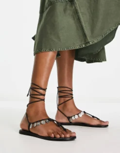 Flat Sandals*DESIGN Fernando Leather Coin Sandals In Black