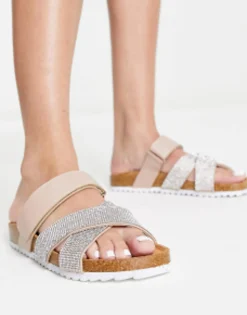 Flat Shoes*DESIGN Fiery Cross Strap Flat Sandals With Diamante In Pink Light Pink