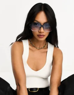 Sunglasses*DESIGN Fine Frame Oversized 70S Sunglasses In Crystal Blue Mid Blue