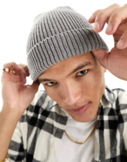 Beanies*DESIGN Fisherman Ribbed Beanie In Grey