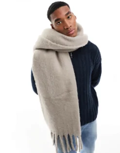 Scarves*DESIGN Fluffy Blanket Scarf In Grey Khaki