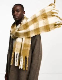 Scarves*DESIGN Fluffy Scarf In Olive Check Mid Green