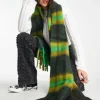 Scarves*DESIGN Fluffy Wool Mix Tassel Scarf In Mustard & Green Check Multi