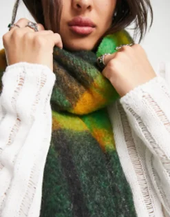 Scarves*DESIGN Fluffy Wool Mix Tassel Scarf In Mustard & Green Check Multi