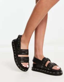Flat Sandals*DESIGN Focused Leather Studded Flat Sandals In Black