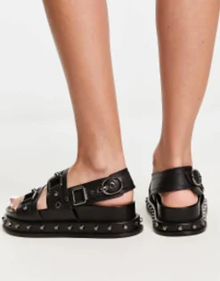 Flat Sandals*DESIGN Focused Leather Studded Flat Sandals In Black