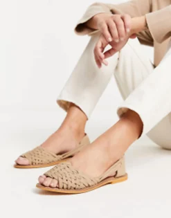 Flat Sandals*DESIGN Francis Leather Woven Flat Sandals In Taupe
