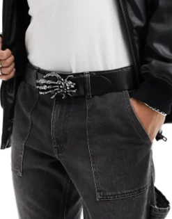 Belts*DESIGN Halloween Faux Leather Belt With Gunmetal Skull Hand Black