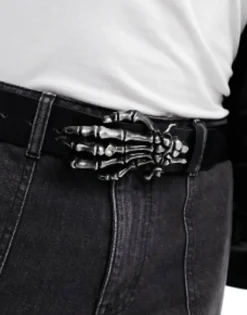 Belts*DESIGN Halloween Faux Leather Belt With Gunmetal Skull Hand Black