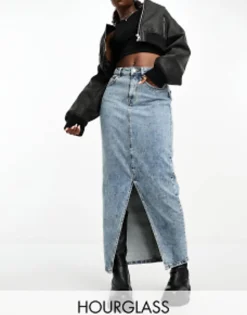 Skirts*DESIGN Hourglass Denim Midi Skirt With Split Hem In Midwash Mid Blue