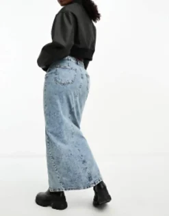 Skirts*DESIGN Hourglass Denim Midi Skirt With Split Hem In Midwash Mid Blue