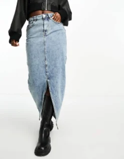 Skirts*DESIGN Hourglass Denim Midi Skirt With Split Hem In Midwash Mid Blue