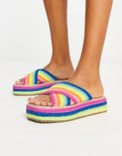 Flat Sandals*DESIGN Jazlyn Flatform Crochet Mules In Rainbow Multi Rainbow