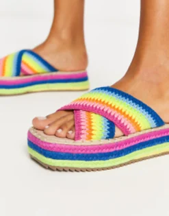 Flat Sandals*DESIGN Jazlyn Flatform Crochet Mules In Rainbow Multi Rainbow