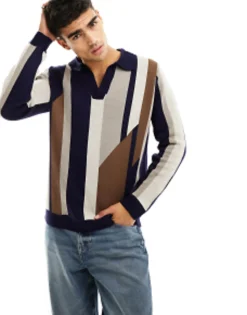 Polo Shirts*DESIGN Jumper With Notch Neck In Multi Stripe Navy