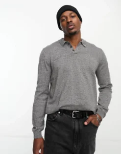 Polo Shirts*DESIGN Knitted Cotton Essential Polo In Grey Twist