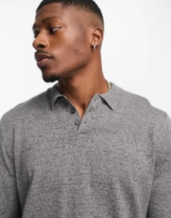 Polo Shirts*DESIGN Knitted Cotton Essential Polo In Grey Twist