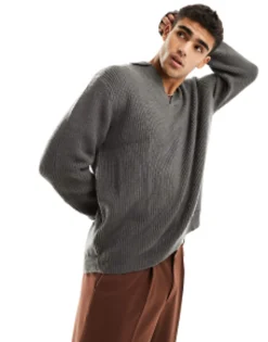 Polo Shirts*DESIGN Knitted Oversized Fisherman Rib Notch Neck Jumper In Charcoal