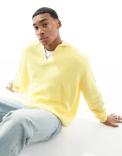Polo Shirts*DESIGN Knitted Oversized Fisherman Rib Notch Neck Jumper In Yellow